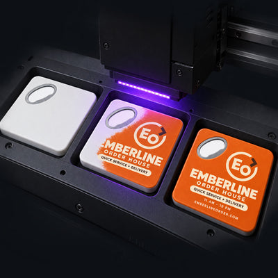 Quick Service Restaurant custom logo bottle opener magnet - close-up of the UV printed logo