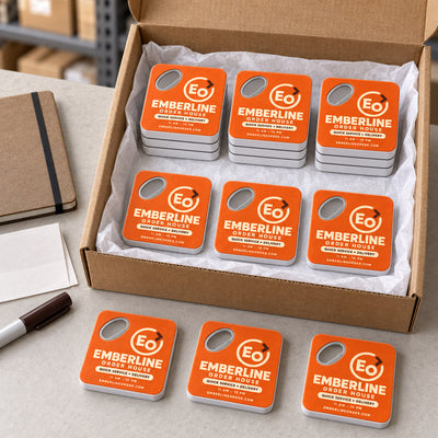 Quick Service Restaurant custom logo bottle opener magnet - bulk order laid out before packing