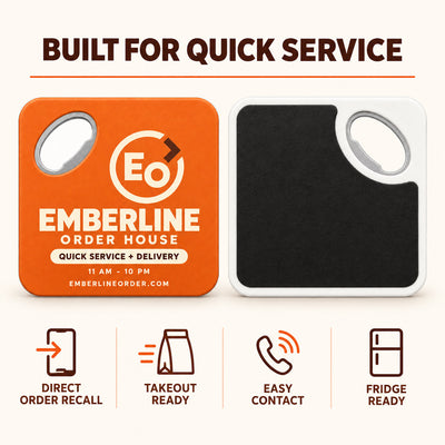 Quick Service Restaurant custom logo bottle opener magnet - front and back of the opener magnet