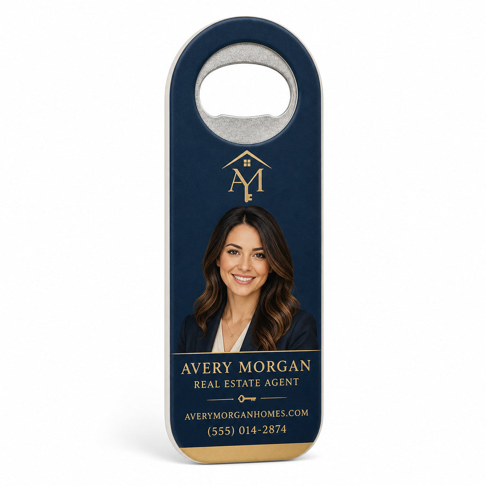 Real Estate Agent custom logo bottle opener magnet - front view of the printed promotional magnet