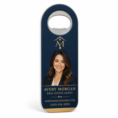 Real Estate Agent custom logo bottle opener magnet - front view of the printed promotional magnet
