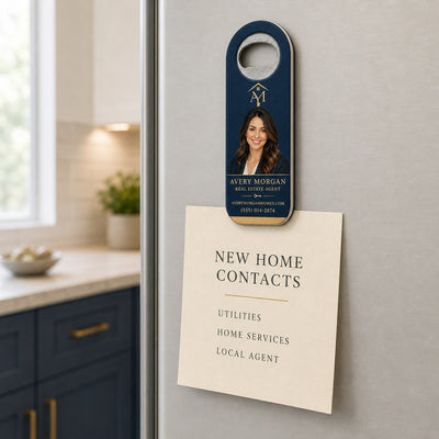 Real Estate Agent custom logo bottle opener magnet - held on a refrigerator door by its magnetic back