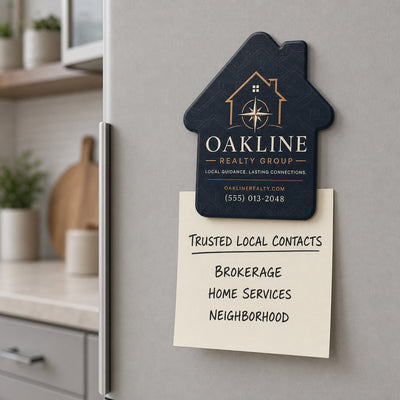 Real Estate Brokerage Logo custom logo bottle opener magnet - held on a refrigerator door by its magnetic back