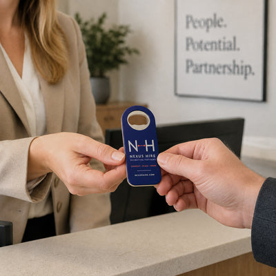 Recruiting Agency custom logo bottle opener magnet - handed to a customer