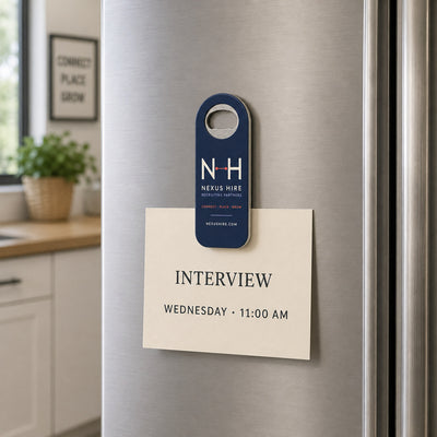 Recruiting Agency custom logo bottle opener magnet - held on a refrigerator door by its magnetic back