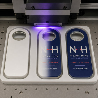 Recruiting Agency custom logo bottle opener magnet - close-up of the UV printed logo