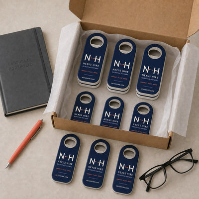 Recruiting Agency custom logo bottle opener magnet - bulk order laid out before packing