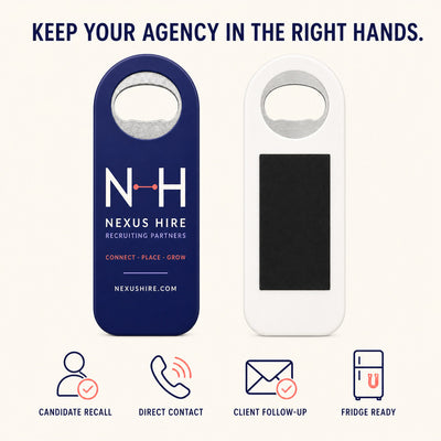 Recruiting Agency custom logo bottle opener magnet - front and back of the opener magnet