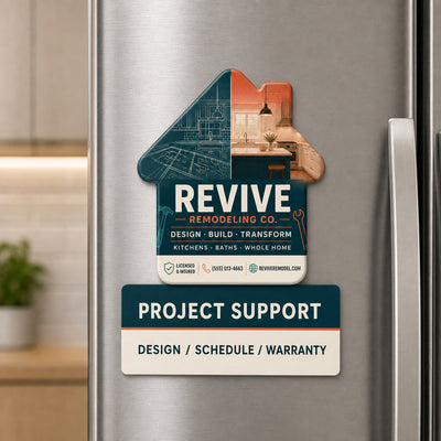 Remodeling Company custom logo bottle opener magnet - held on a refrigerator door by its magnetic back