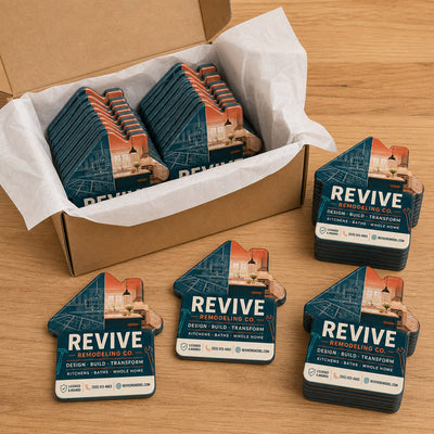 Remodeling Company custom logo bottle opener magnet - bulk order laid out before packing