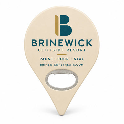Resort Logo custom logo bottle opener magnet - front view of the printed promotional magnet