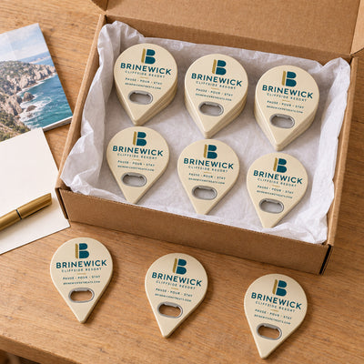 Resort Logo custom logo bottle opener magnet - bulk order laid out before packing