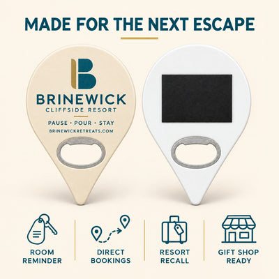 Resort Logo custom logo bottle opener magnet - front and back of the opener magnet