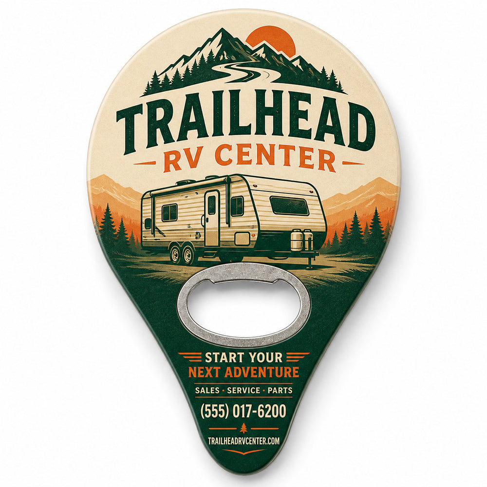 RV Dealer custom logo bottle opener magnet - front view of the printed promotional magnet