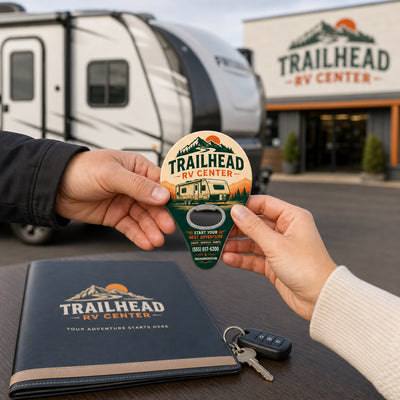 RV Dealer custom logo bottle opener magnet - promotional bottle opener magnet