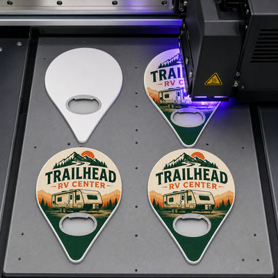 RV Dealer custom logo bottle opener magnet - close-up of the UV printed logo