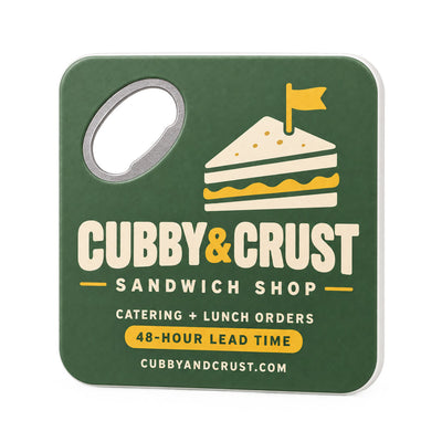 Sandwich Shop custom logo bottle opener magnet - front view of the printed promotional magnet