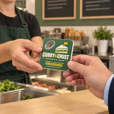 Sandwich Shop custom logo bottle opener magnet - handed to a customer