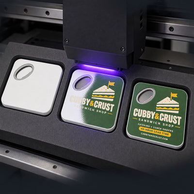 Sandwich Shop custom logo bottle opener magnet - close-up of the UV printed logo