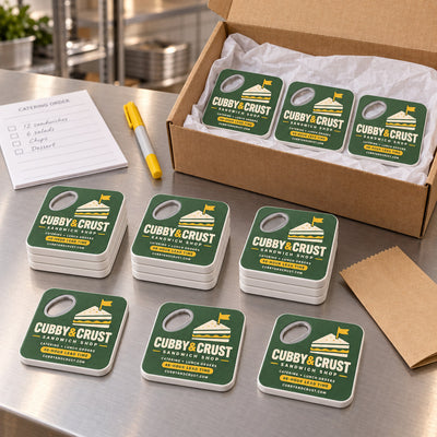 Sandwich Shop custom logo bottle opener magnet - bulk order laid out before packing
