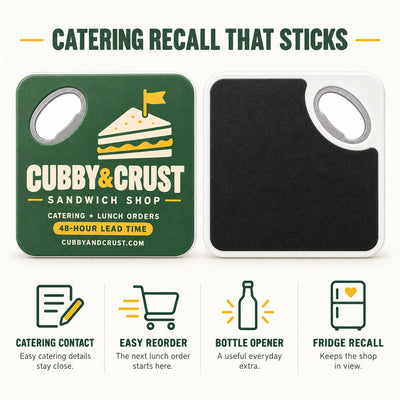 Sandwich Shop custom logo bottle opener magnet - front and back of the opener magnet