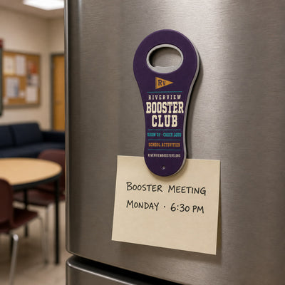 School Booster Club custom logo bottle opener magnet - kept on a refrigerator door as a reminder