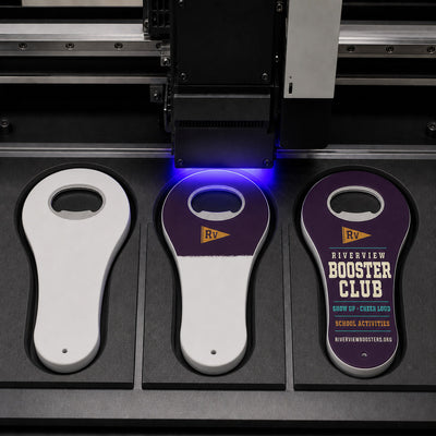 School Booster Club custom logo bottle opener magnet - close-up of the UV printed logo