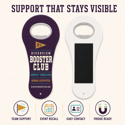 School Booster Club custom logo bottle opener magnet - front and back of the opener magnet