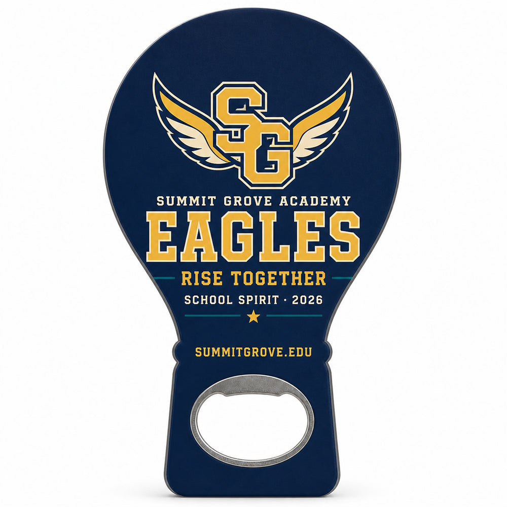 School Spirit custom logo bottle opener magnet - front view of the printed promotional magnet