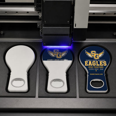 School Spirit custom logo bottle opener magnet - close-up of the UV printed logo