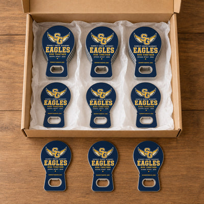School Spirit custom logo bottle opener magnet - bulk order prepared for packing