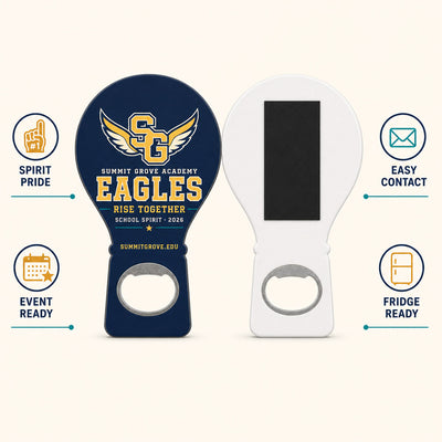 School Spirit custom logo bottle opener magnet - front and back of the opener magnet