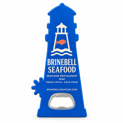 Seafood Restaurant custom logo bottle opener magnet - front view of the printed promotional magnet
