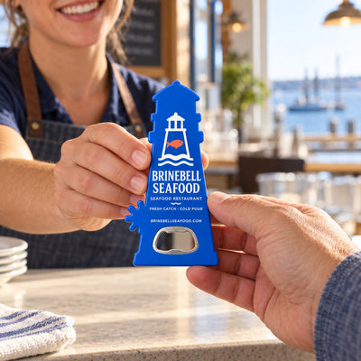 Seafood Restaurant custom logo bottle opener magnet - handed to a customer