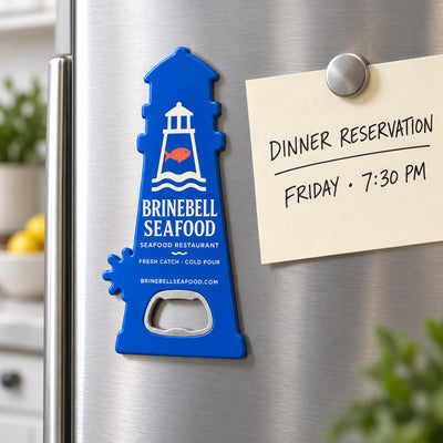 Seafood Restaurant custom logo bottle opener magnet - held on a refrigerator door by its magnetic back