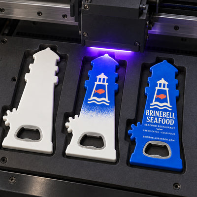 Seafood Restaurant custom logo bottle opener magnet - close-up of the UV printed logo