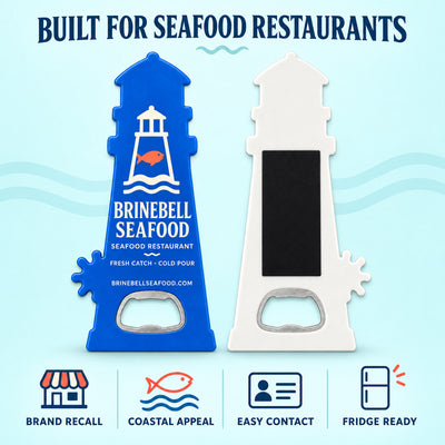 Seafood Restaurant custom logo bottle opener magnet - front and back of the opener magnet