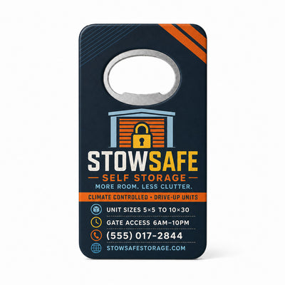 Self Storage Facility custom logo bottle opener magnet - front view of the printed promotional magnet