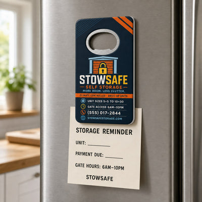 Self Storage Facility custom logo bottle opener magnet - held on a refrigerator door by its magnetic back