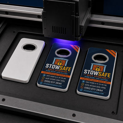 Self Storage Facility custom logo bottle opener magnet - close-up of the UV printed logo