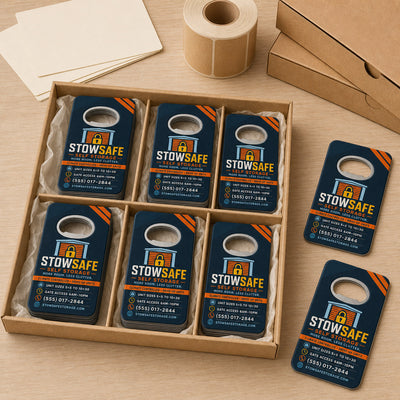 Self Storage Facility custom logo bottle opener magnet - bulk order laid out before packing