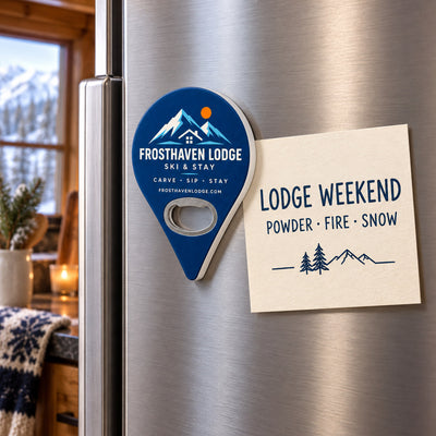Ski Lodge custom logo bottle opener magnet - held on a refrigerator door by its magnetic back