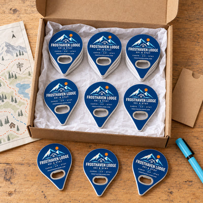 Ski Lodge custom logo bottle opener magnet - bulk order laid out before packing
