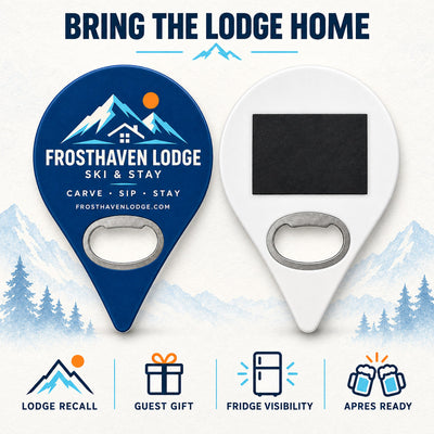 Ski Lodge custom logo bottle opener magnet - front and back of the opener magnet
