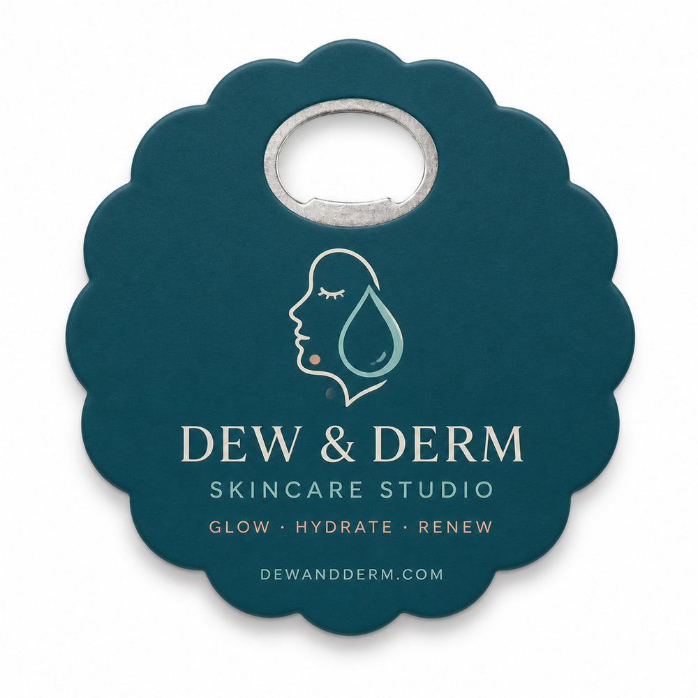 Skincare Studio custom logo bottle opener magnet - front view of the printed promotional magnet