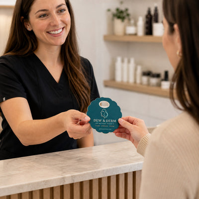 Skincare Studio custom logo bottle opener magnet - handed to a customer