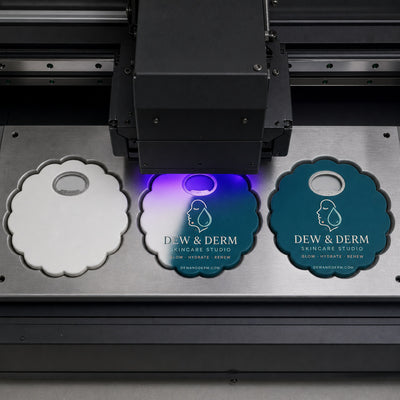 Skincare Studio custom logo bottle opener magnet - close-up of the UV printed logo