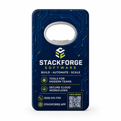 Software Company custom logo bottle opener magnet - front view of the printed promotional magnet