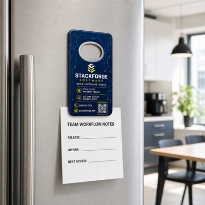 Software Company custom logo bottle opener magnet - held on a refrigerator door by its magnetic back