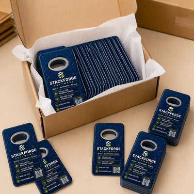 Software Company custom logo bottle opener magnet - bulk order laid out before packing